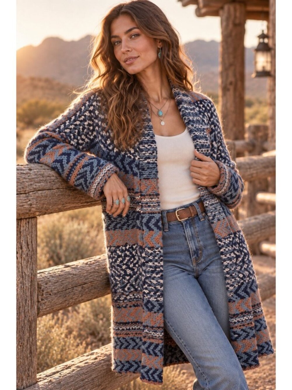 Free People Iona Cardigan Blue Rust Fair Isle Open Front Longline Boho Sweater